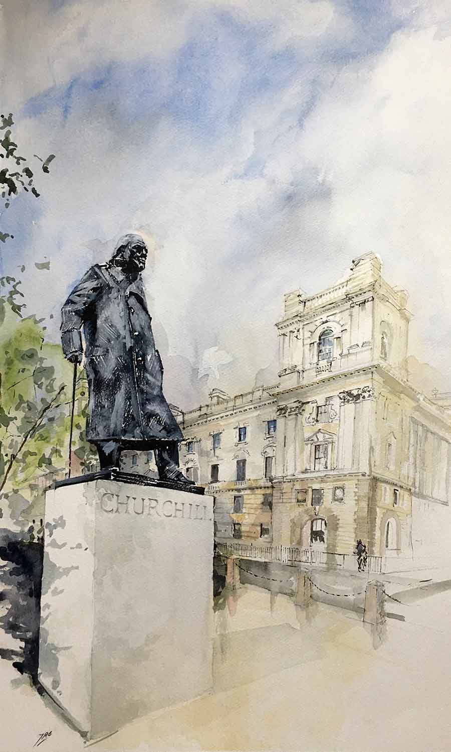 Watercolour of Churchill in Parliament Square in London