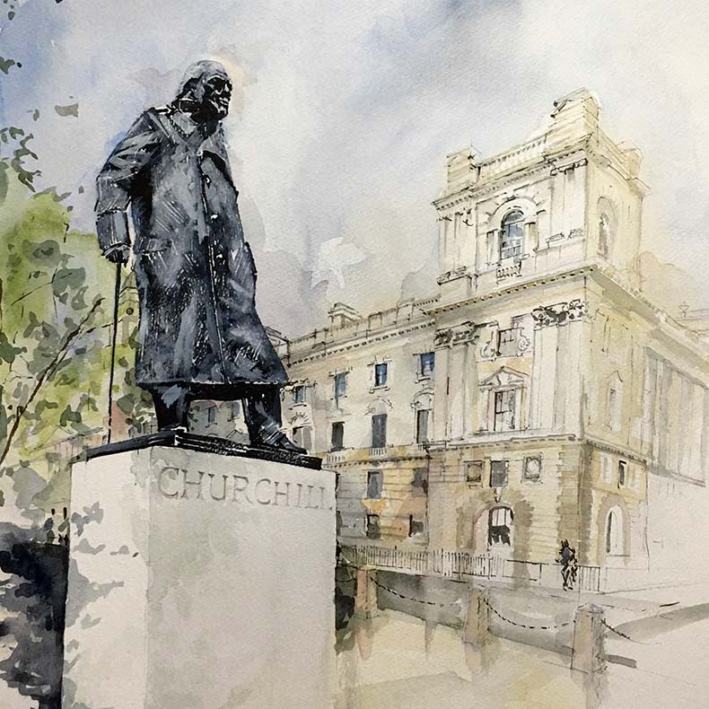 Watercolour of Sir Winston Churchill's statue