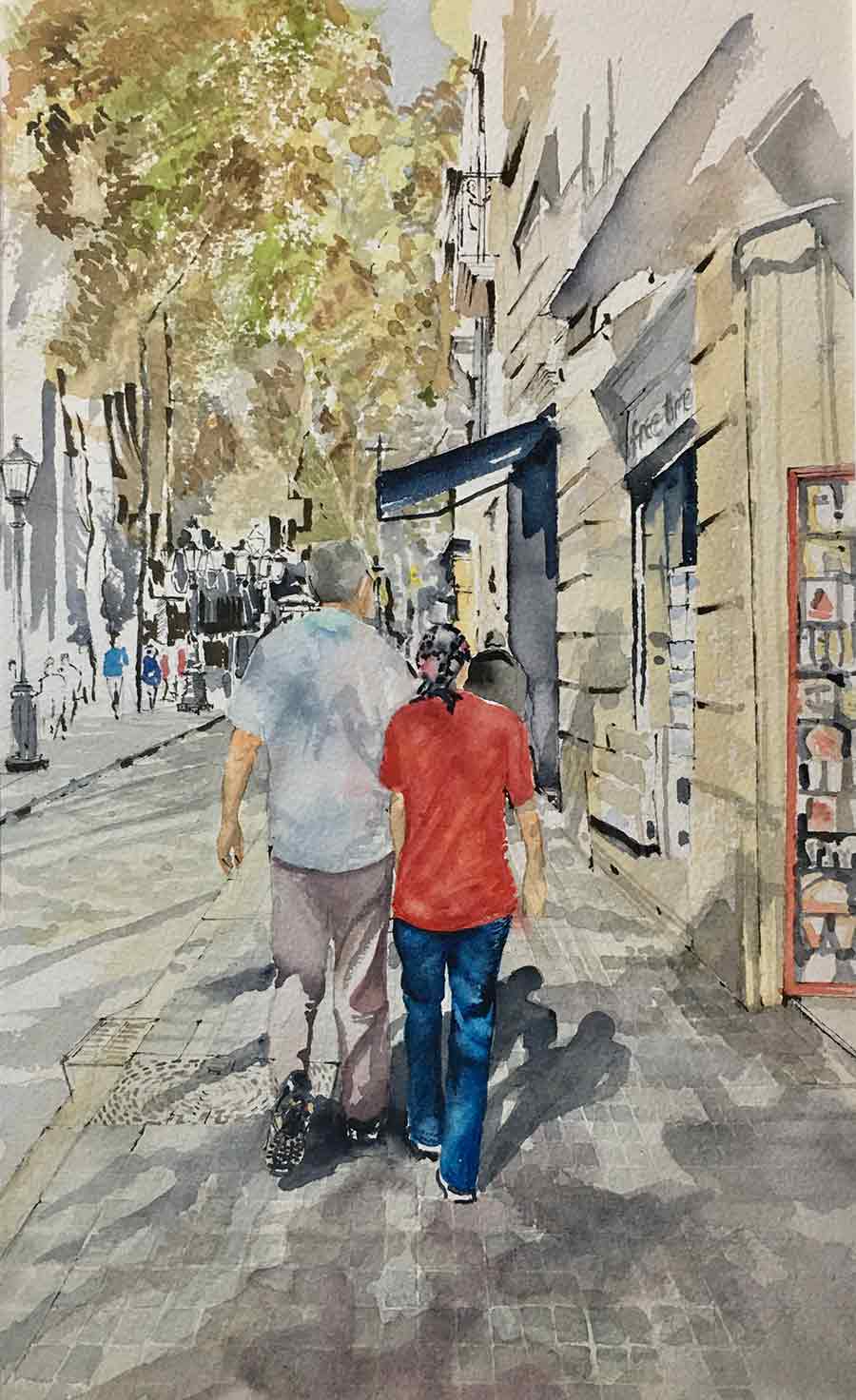 Back view of Jenny's parents walking along a high street