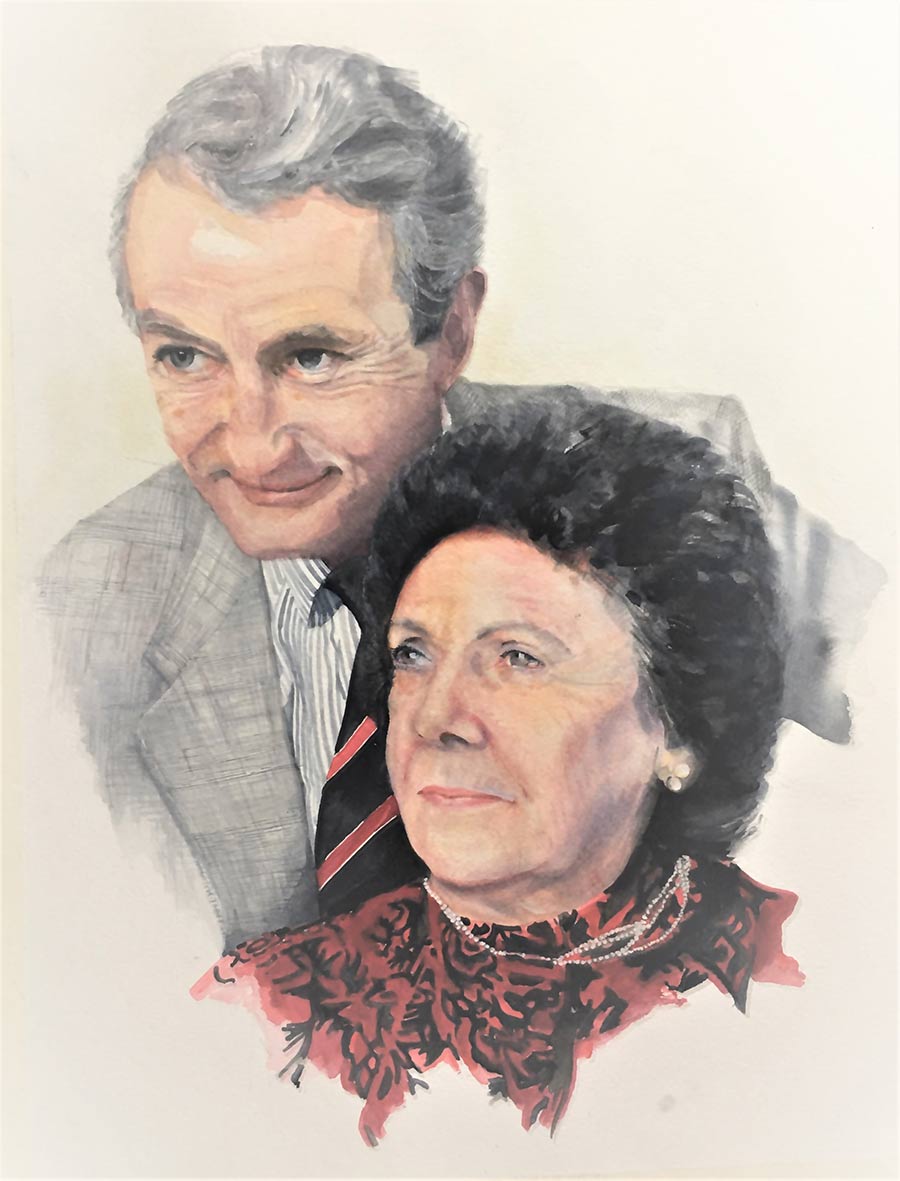 Watercolour portrait of Mater and Pater