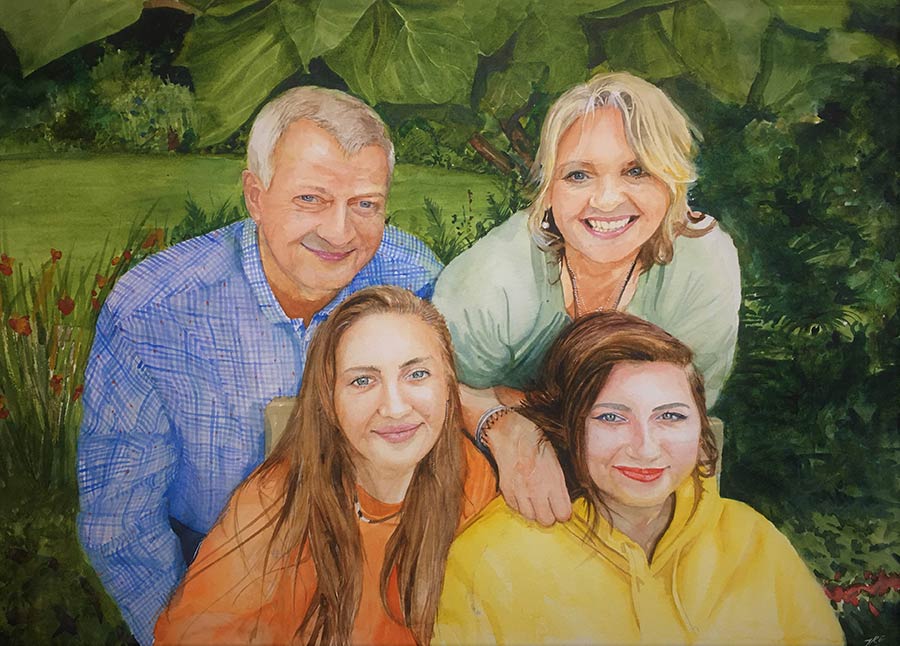 Watercolour portrait of Peter and family