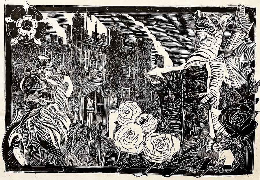 Lino cut print of Gargoyles and Roses at Hampton Court Palace