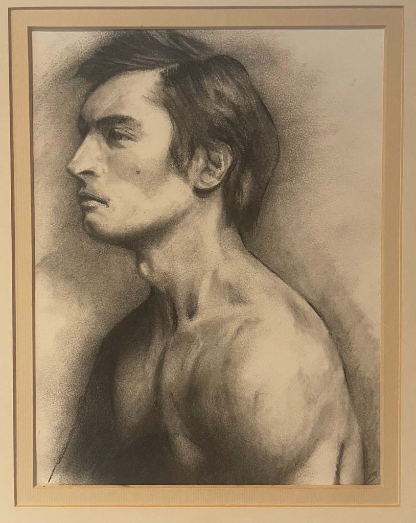 Pencil drawing of a bare-chested man