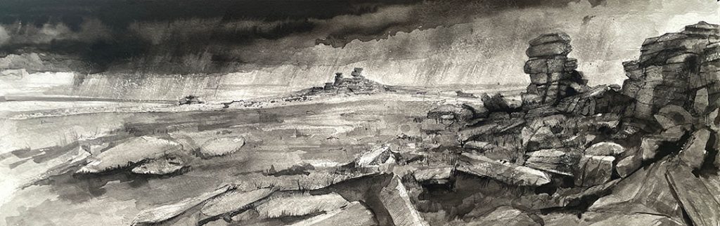 Pen and ink picture of Great Staples Tor on Dartmoor